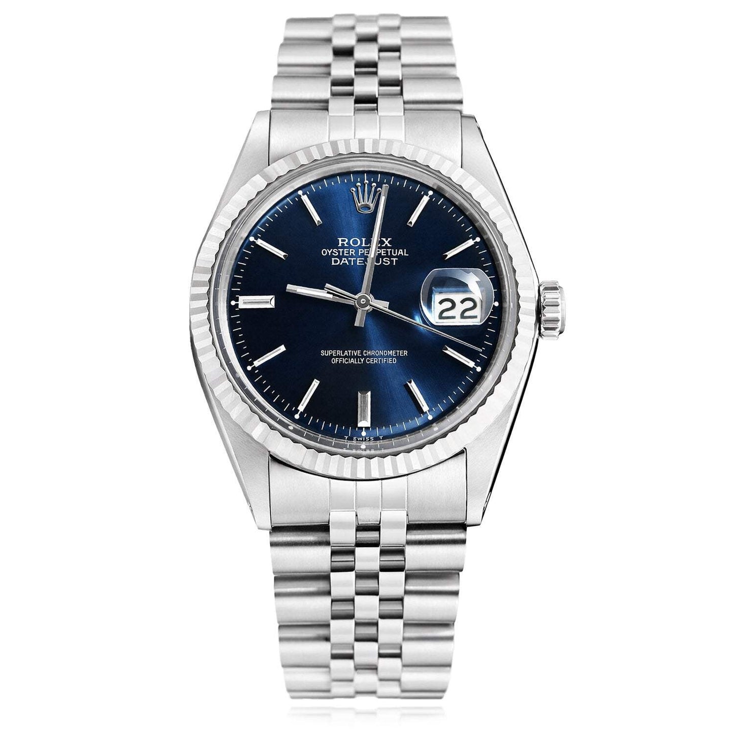 Rolex Datejust 36mm 1601 18K White Gold Bezel Dark Blue Dial Jubilee Men's Watch