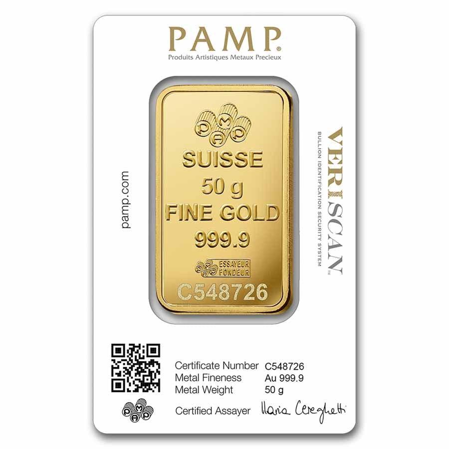 50 gram Gold Bar PAMP Suisse Lady Fortuna Veriscan® (In Assay) .9999 Fine