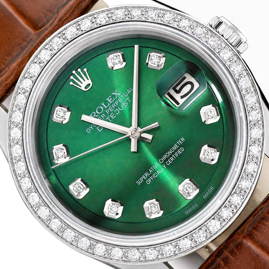 36mm Rolex Datejust 1603 18K Gold Diamond Bezel Green Dial Brown Leather Watch