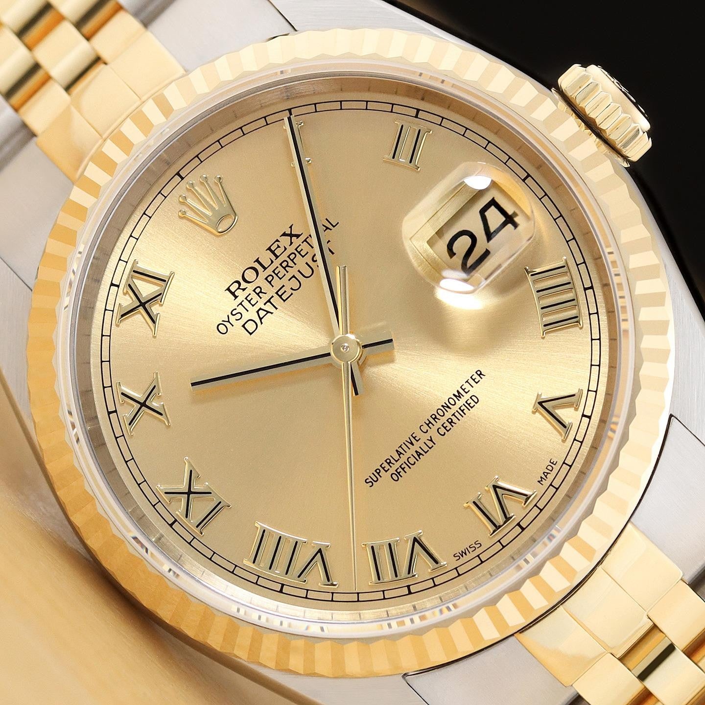 ROLEX MENS DATEJUST 16233 CHAMPAGNE ROMAN 18K GOLD STEEL NO HOLES TWO TONE WATCH